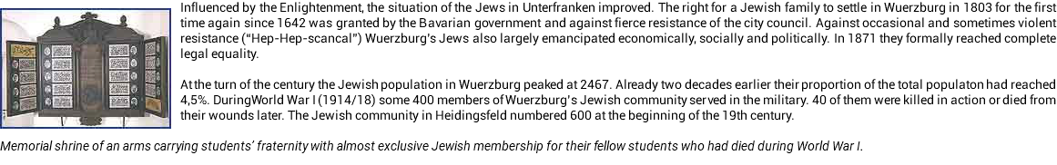 ﷯Influenced by the Enlightenment, the situation of the Jews in Unterfranken improved. The right for a Jewish family to settle in Wuerzburg in 1803 for the first time again since 1642 was granted by the Bavarian government and against fierce resistance of the city council. Against occasional and sometimes violent resistance (“Hep-Hep-scancal”) Wuerzburg’s Jews also largely emancipated economically, socially and politically. In 1871 they formally reached complete legal equality. At the turn of the century the Jewish population in Wuerzburg peaked at 2467. Already two decades earlier their proportion of the total populaton had reached 4,5%. DuringWorld War I (1914/18) some 400 members of Wuerzburg’s Jewish community served in the military. 40 of them were killed in action or died from their wounds later. The Jewish community in Heidingsfeld numbered 600 at the beginning of the 19th century. Memorial shrine of an arms carrying students’ fraternity with almost exclusive Jewish membership for their fellow students who had died during World War I.